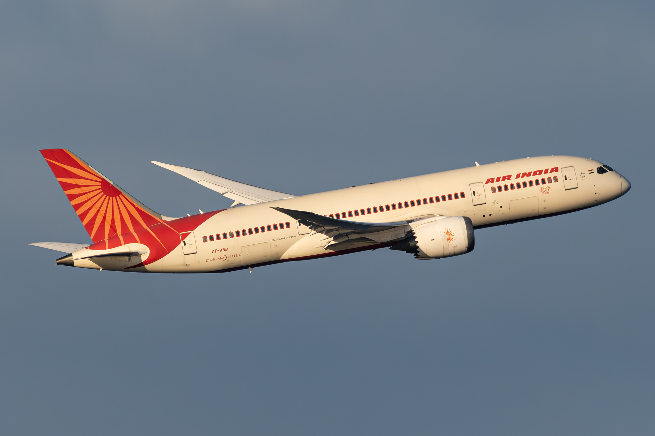 An Air India Boeing 787, registration VT-ANB, in flight against a grey sky, its left side towards the camera