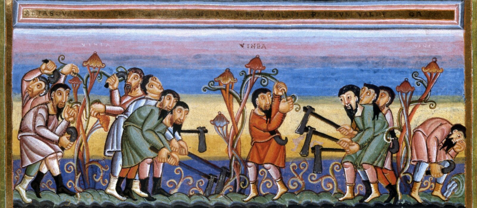 A medieval illumination: a row of labourers in coloured tunics working a vineyard with hoes, against bands of blue and gold
