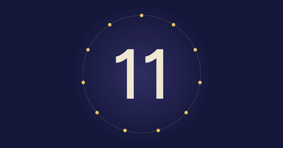 A large 11 inside a thin circle with eleven gold dots spaced evenly around it