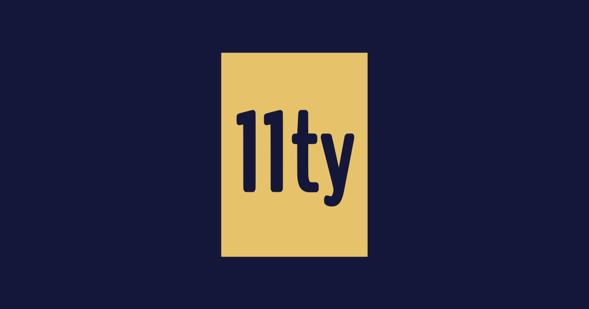 The 11ty logo: the characters 11ty cut out of a gold rectangle, on a dark blue background