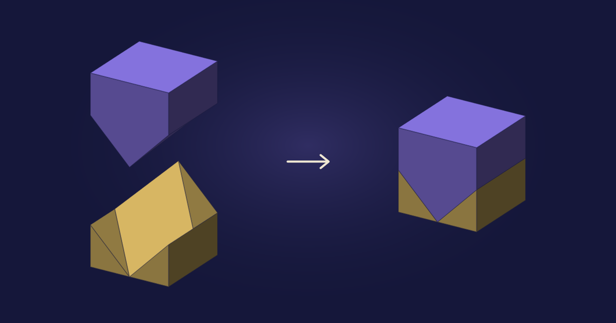 Two K-drons, one gold and one violet. On the left they stand apart: the gold one with its rhombus face on top, the violet one upside down above it. On the right they are fitted together into a cube, joined along a zigzag line.